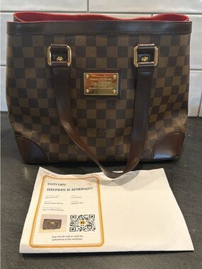 Louis Vuitton Brown Damier Canvas Tote with Red Interior Trim